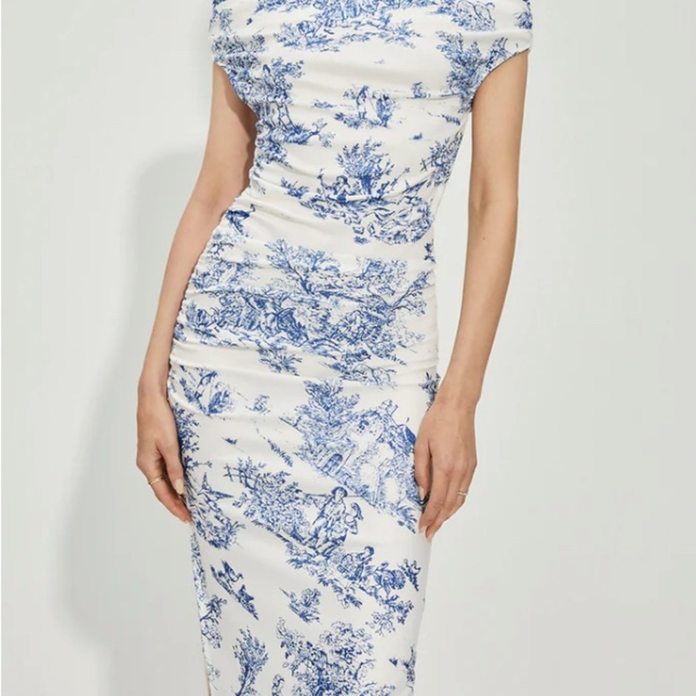 Commense Elegant Blue and White Patterned Midi Dress